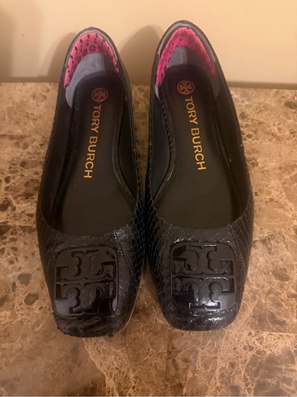 Tory Burch Black Faux-Snakeskin Logo Ballet Flats